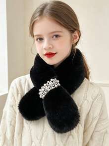 Faux Rabbit Fur Pearl Cross Plush Scarf Neck Warmer - Warm Girls Neck Warmer Pearl Cross Plush Scarf Girls Faux Fur Neck Warmer Autumn/Winter Thickened Warm Versatile Faux Rabbit Fur Scarf - Multicolor - View 5