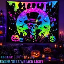 2D Flat, 1pc QD_VIVIOS Halloween Skeleton And Pumpkin Pattern Fluorescent Art Tapestry, UV Fluorescent Reactive Wall Hanging, Bedroom Decor - Multicolor - View 5