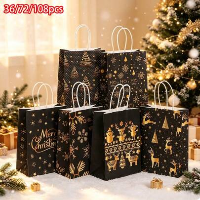 36/72/108pcs Black Christmas Kraft Paper Gift Bags, Gift Packaging Bags, Party Tote Bags, Includes Christmas Stickers