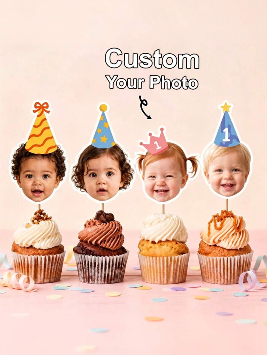 Personalized Face Cupcake Toppers, Customized Photo Hollow Cake Picks, Adult Family Pet Lover Birthday Party Decor, Fun Milestone Celebration Cupcake Decorations, Unique Party Favors, Custom Cake Decor Supplies - H-photo Cupcake Labels - View 1