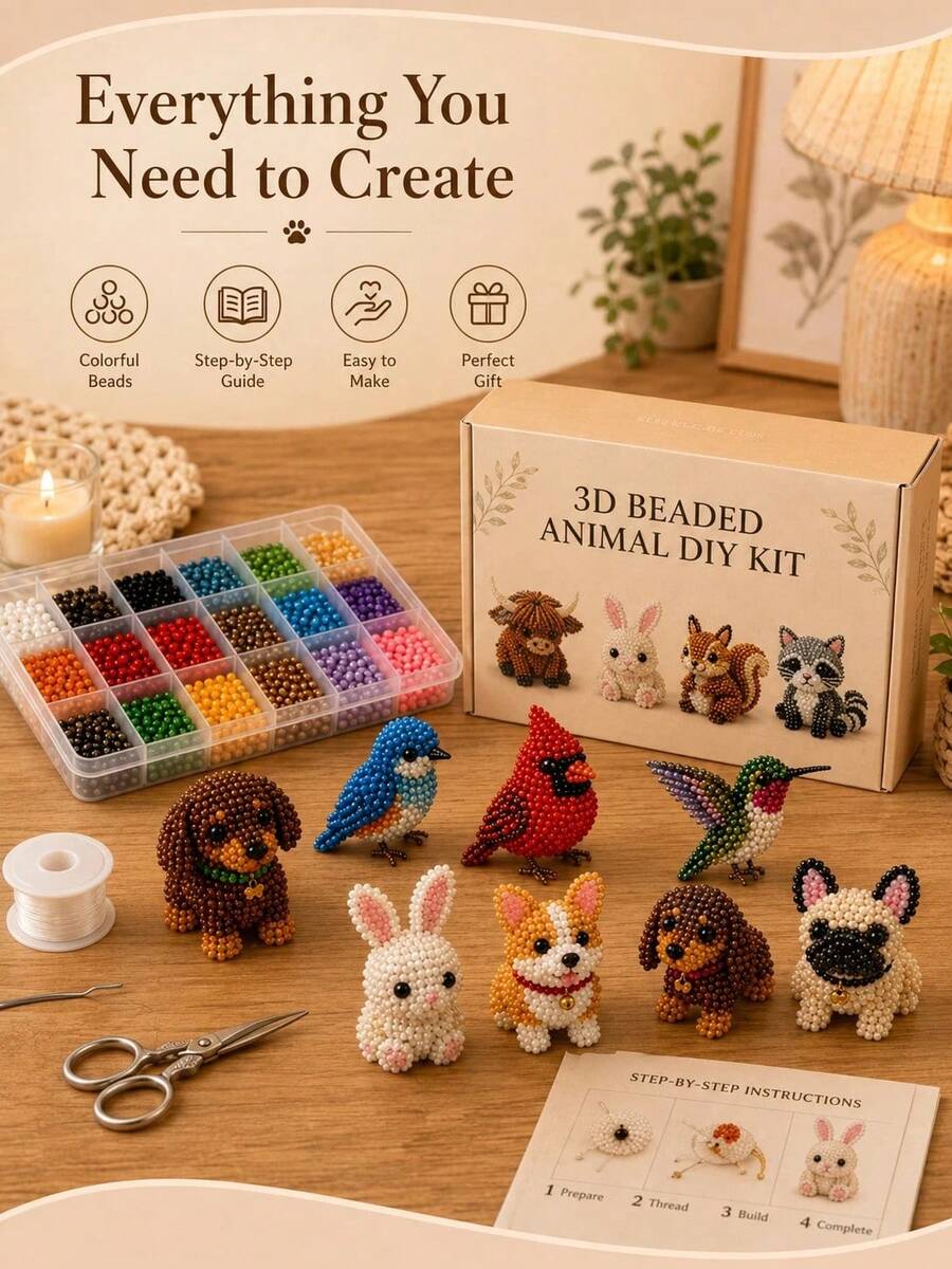 1件 3D串珠動物套裝,升級版串珠刺繡套件附英文說明書,高級手工串珠套裝,適合初學者與手工藝愛好者,DIY藝術與家居裝飾 - 多款 - 查看 1