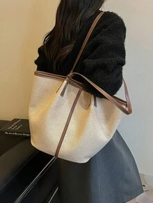 Bolso tote de gran capacidad con diseño de bloques de color y patchwork - Marrón - Ver 8