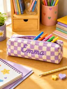 1pc Personalized Plaid Pencil Case, Customized Name Embroidered Stationery Box, School Supplies, Back To School Gift, Teacher's Day Gift, Personalized Makeup Bag, Toiletry Organizer Bag, Christmas Gift - Multicolor - View 4
