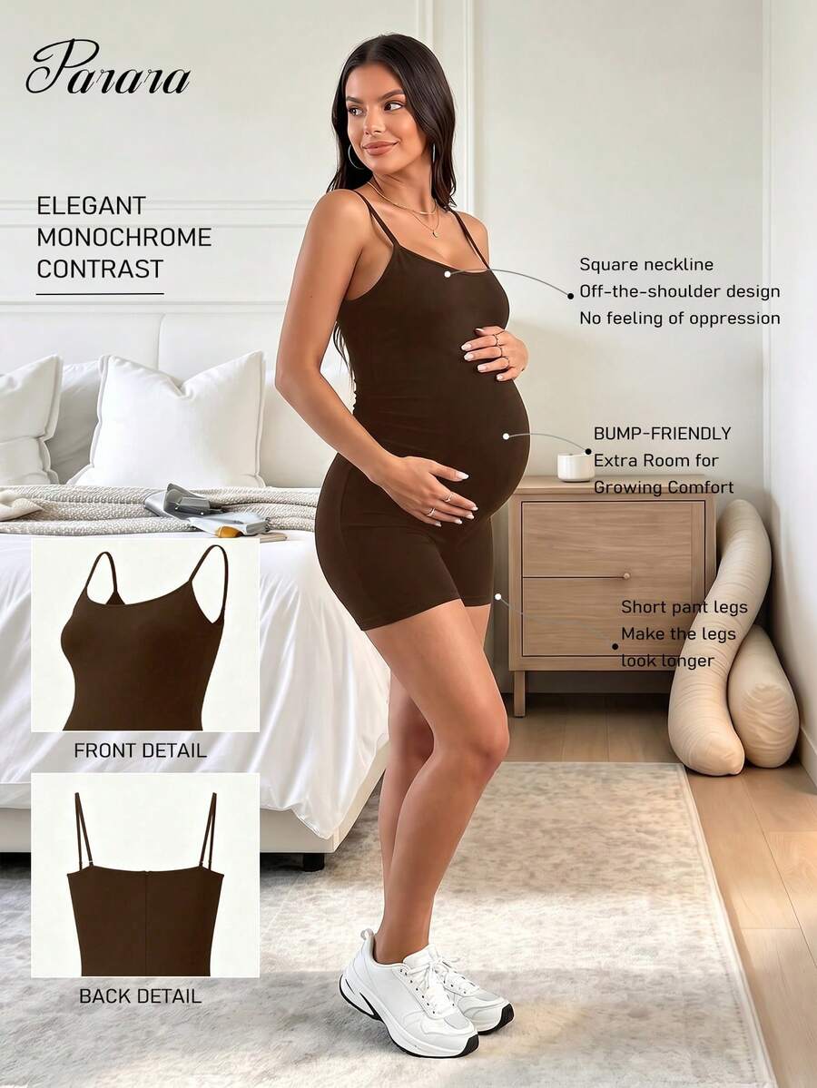 Parara Maternity Spaghetti Strap Jumpsuit, Tight Fit Comfortable Casual All-Season Fashion Innerwear, Sporty Casual Style Brown Summer - Brown - View 1