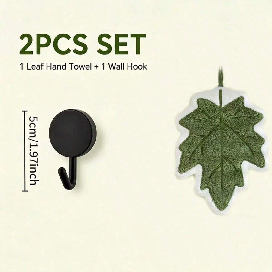 Juego de 2 toallas con forma de hoja/Toalla colgante suave y absorbente/Gancho de pared/Adecuado para baño, cocina, decoración del hogar/Regalo para amantes de las plantas/Estilo lindo/Se puede colgar - 2 piezas (hoja de arce + gancho) - Ver 1