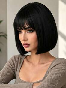 12 Inch Black Bangs Women's Wig, Elegant And Versatile, Natural Style, Suitable For Various Parties And Ball Gowns - Black Bangs - View 3