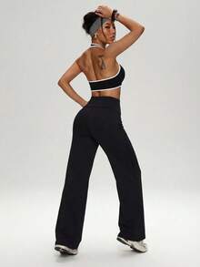 Women's Foldable High Waist Wide Leg Yoga Pants, Tummy Control & Butt Lifting, Soft 4-Way Stretch, Flowy Non-See-Through Fitness Sports Long Pants - Black - View 7