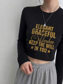 Kaos Wanita Kasual Serbaguna Leher Bulat Motif Huruf Lengan Pendek, Warna Hitam Musim Semi/Musim Gugur - Hitam - View 4