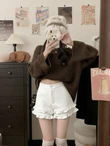 Women's Ruffle Waistband Shorts With Pockets, Basic Loose Comfortable Casual Pants White Summer - White - View 5