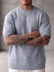 Spring/Summer Men's Neutral Knit Casual Loose Round Neck Versatile Commute Short Sleeve Pullover T-Shirt - Blue - View 3