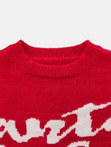 Women's Christmas Letter Print Colorblock Crew Neck Drop Shoulder Loose Pullover Sweater, Comfortable & Fashionable For Holiday Season - Red - View 6