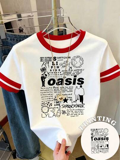 O-Oasis Women T-Shirt, Fitted Fit, O-Asis Band Lyric Collection Print Crew Neck Short Sleeve Summer Casual Top