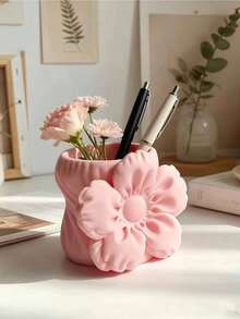 1pc 3D Flower Shaped Desktop Pen Holder, Large Capacity Storage For Stationery And Miscellaneous Items, Say Goodbye To Desk Clutter, Suitable For Desk, Vanity, Office Desk, Office, Study, Home Desktop, Decorative Item With Great Atmosphere - Puff Flower - View 1