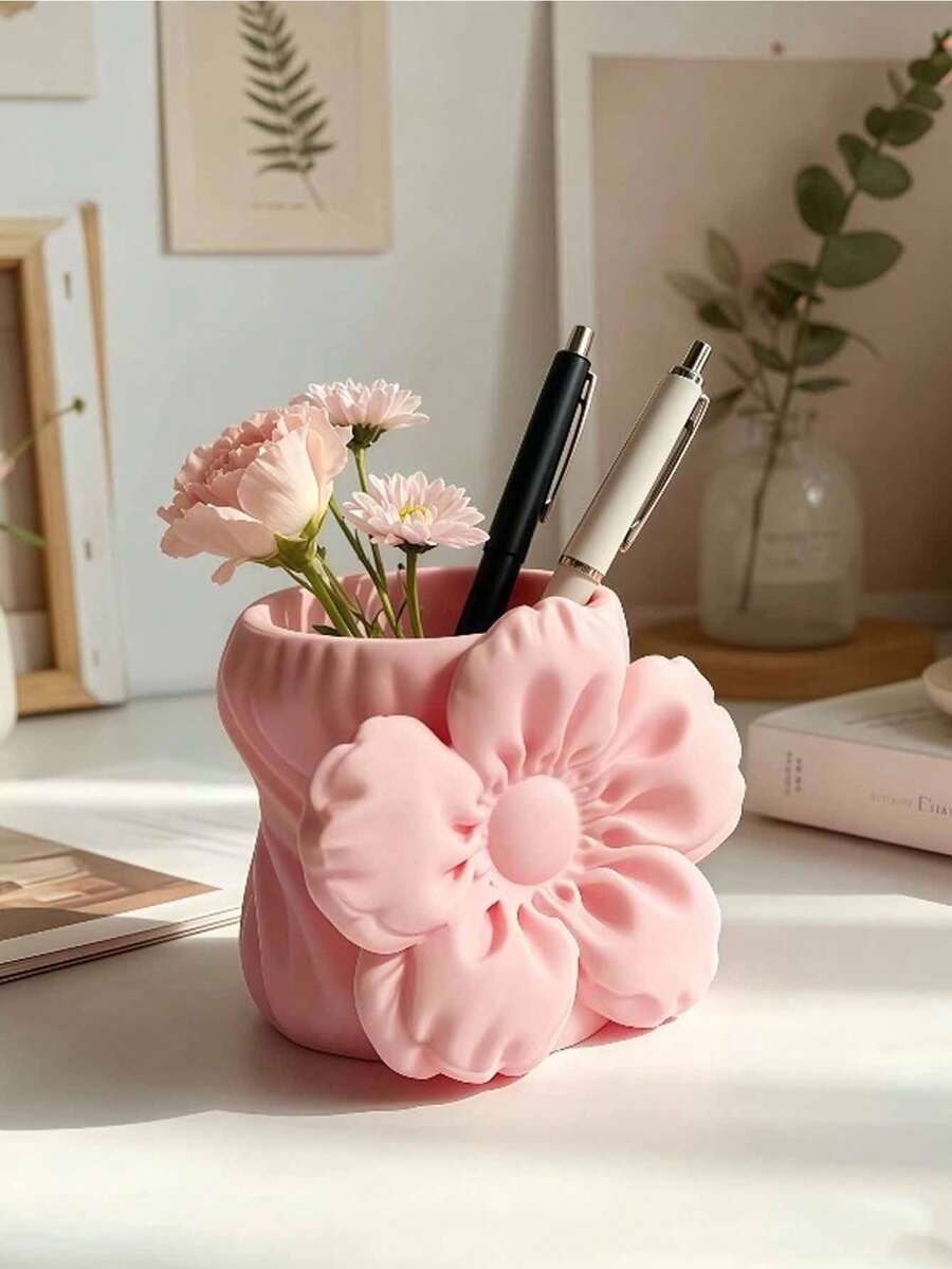1pc 3D Flower Shaped Desktop Pen Holder, Large Capacity Storage For Stationery And Miscellaneous Items, Say Goodbye To Desk Clutter, Suitable For Desk, Vanity, Office Desk, Office, Study, Home Desktop, Decorative Item With Great Atmosphere - Puff Flower - View 1
