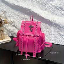 Mochila de PU de gran capacidad con cordón y remaches, de un solo hombro, casual para uso diario - Negro - Ver 5