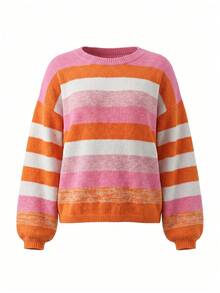 Women's Comfortable Striped Knit Pullover Sweater, Long Sleeve Loose Warm Pullover, Suitable For Winter Wear - Multicolor - View 10
