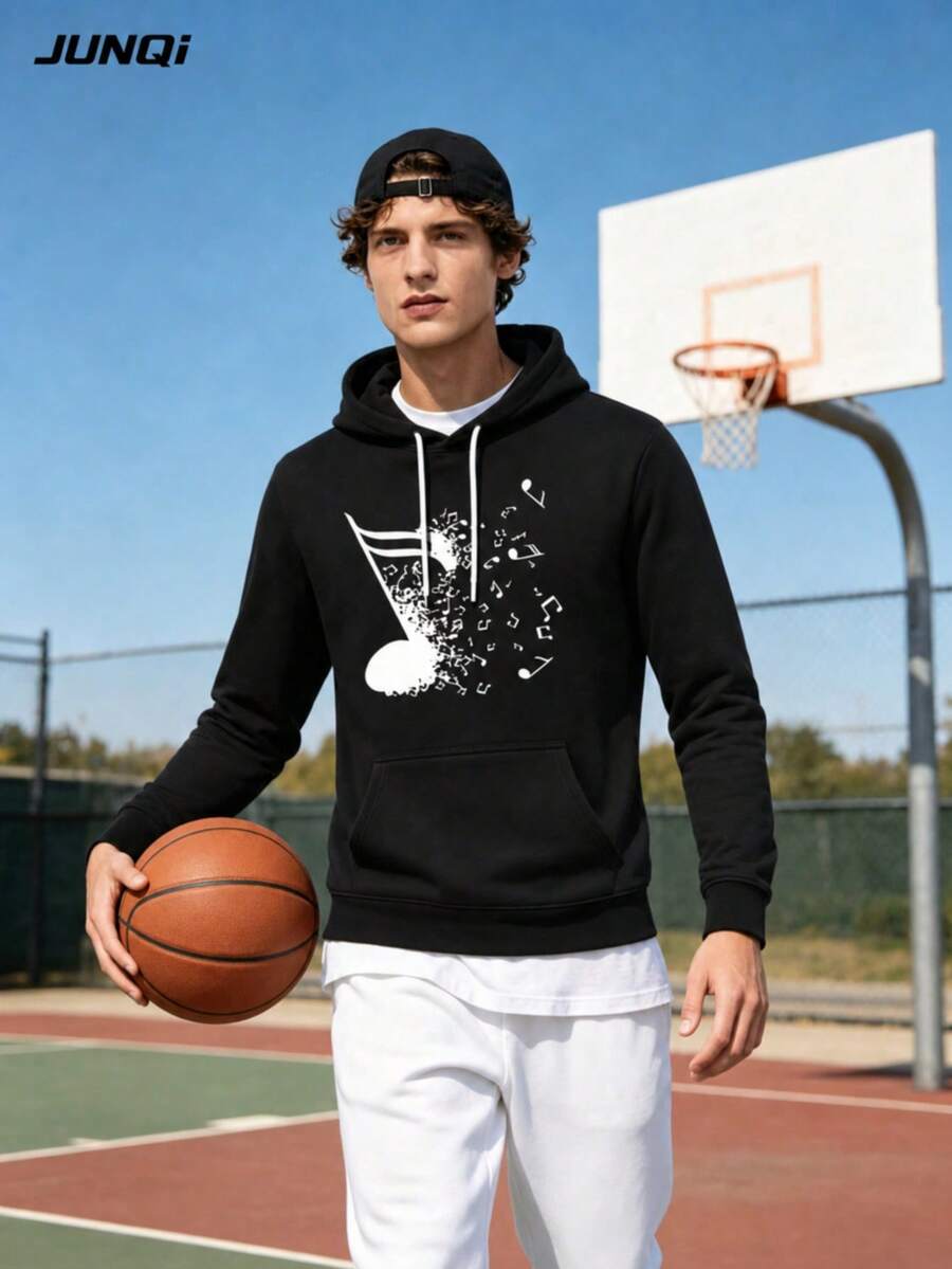 JUNQi Black Broken Music Note Pattern Sweatshirt, Music Art Melody Print Drawstring Pullover, Lightweight Comfortable Streetwear - Multicolor - View 1