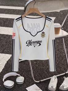Women's Casual Madrid Jersey Sweetheart Side Stripe Slim Fit T-Shirt For Daily Wear Fall & Winter, Going Out - Yellowish-white - View 9
