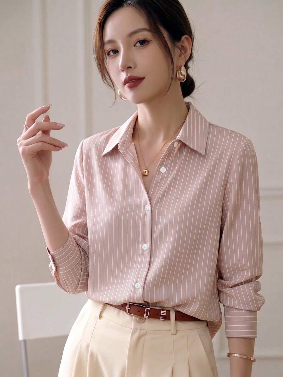 YUXIN 春秋新款寬鬆時尚藍色條紋優雅長袖襯衫，設計感通勤上班穿搭顯瘦百搭女式襯衫 粉色