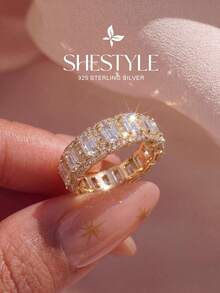 1 pieza Anillo rectangular con incrustación de media luna de plata de ley 925, regalo elegante para mujeres, adecuado para citas, fiestas y aniversarios - Rectángulo - Ver 2