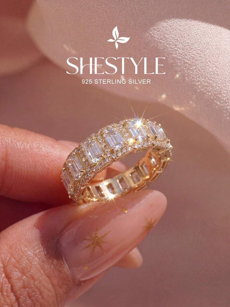 1 pieza Anillo rectangular con incrustación de media luna de plata de ley 925, regalo elegante para mujeres, adecuado para citas, fiestas y aniversarios
