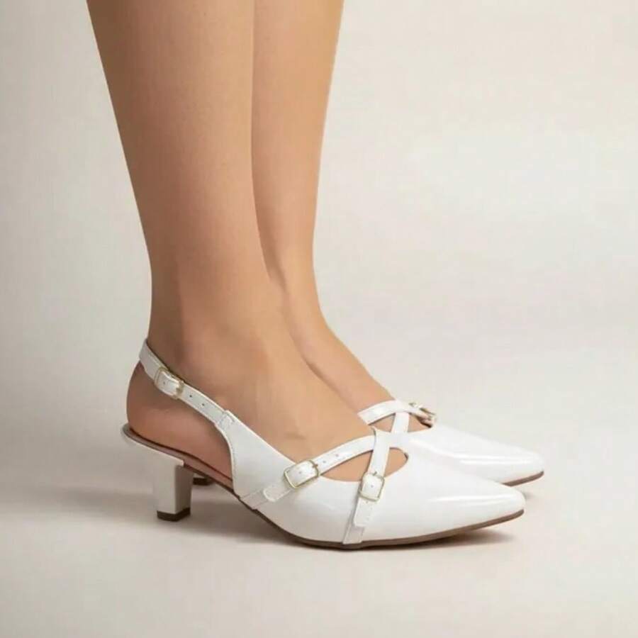 Women's Dress Shoe, Slingback, Pointed Toe, Low Heel, Buckles, Lightweight, Comfortable - White Varnish - View 1