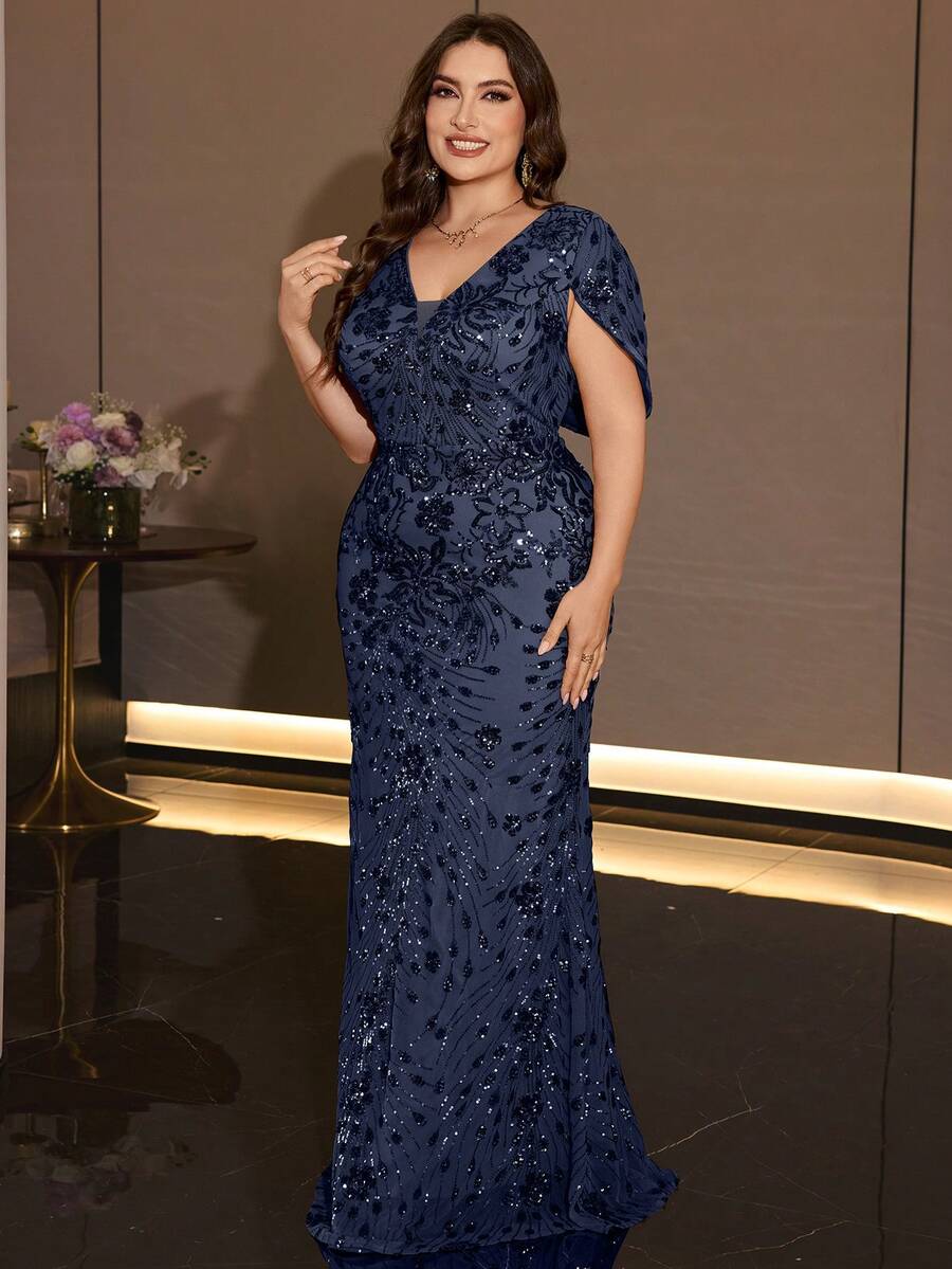 XUIBOL Women's Elegant Plus Size Sequin Mermaid Evening Gown, V-Neck Petal Sleeve Design, Perfect For Formal Dinner And Guest Attire