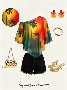 AIJ Women's Autumn Tropical Gradient Palm Tree Print Cold Shoulder Short Sleeve Loose Flowy Blouse, Suitable For Beach Vacation, Daily Casual Wear Summer - Gradient Orange-green - View 3