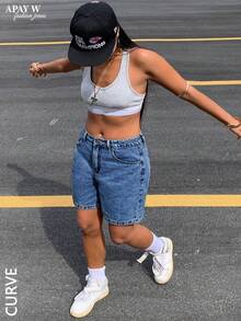 Damen-Bermuda-Denim Shorts in Große Größen, einfarbig, lässig für den Sommer - Dunkle Waschung - Übersicht 5