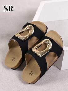 Girls Hollow Metal Buckle Decor Fashion Slippers, Black Classic Versatile Sandals, Daily And Beach Vacation Shoes, 1 Pair - Black - View 3