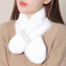 Faux Rabbit Fur Pearl Cross Plush Scarf Neck Warmer - Warm Girls Neck Warmer Pearl Cross Plush Scarf Girls Faux Fur Neck Warmer Autumn/Winter Thickened Warm Versatile Faux Rabbit Fur Scarf - Multicolor - View 6
