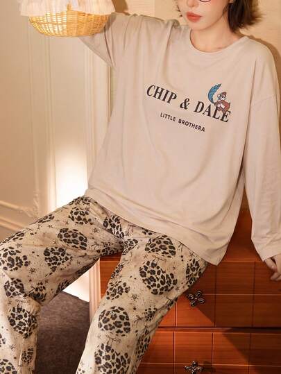 Gongdie Conjunto de pijama de 2 piezas Disney Chip 'n Dale para mujer, ropa de estar en casa de algodón suave para primavera/otoño en color albaricoque claro con bolsillos y estampado de leopardo con corazones