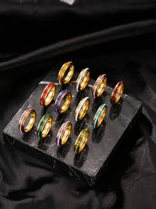 1pc Stainless Steel Gold Ring, Pave Set Colorful Square Rhinestone Thin Band, Versatile Accessory For Daily Wear, Date And Party - Multicolor - View 12