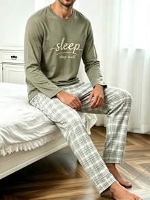 Men's 2 Pieces Pajama Set, Autumn/Winter Round Neck Simple Letter Print Top & Plaid Long Pants Loungewear - Multicolor - View 3
