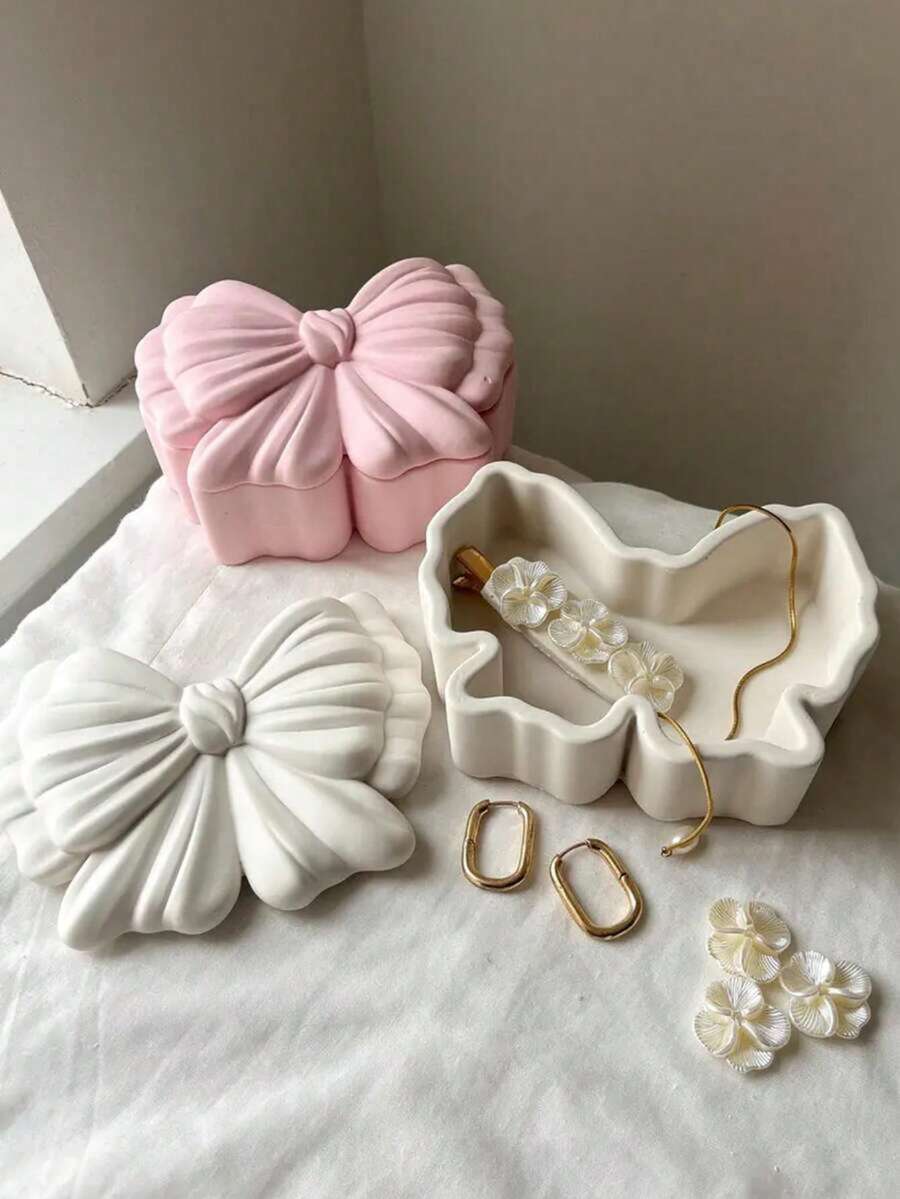 1 Conjunto de Molde de Silicone em Formato de Laço, Molde de Gesso para Caixa de Joias Borboleta DIY Criativa, Molde de Resina Epóxi para Decoração Doméstica/Enfeite de Presente, Molde de Artesanato Feito à Mão, Molde de Gesso Decorativo Artístico - Branco - Visão 1