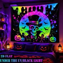2D Flat, 1pc QD_VIVIOS Halloween Skeleton And Pumpkin Pattern Fluorescent Art Tapestry, UV Fluorescent Reactive Wall Hanging, Bedroom Decor - Multicolor - View 8