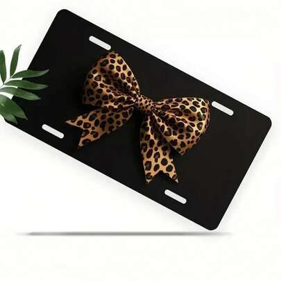 Leopard Print Bow Front License Plate Cover And Frame - Stylish Black And Gold Animal Print License Plate, Adorned With A Golden Bow, Made Of Durable Iron Material, 6x12 Inches In Size, Suitable For Sedans, SUVs, And Trucks - Scratch-Resistant
