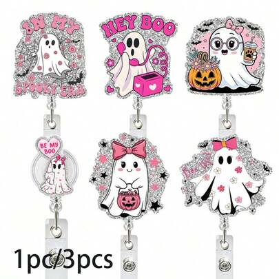1pc/3pcs Pink BOO Bow Ghost Halloween Acrylic Retractable Badge Reel ID Holder