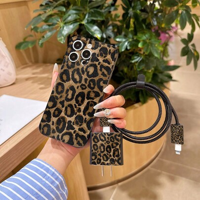 6 piezas Funda de teléfono con estampado de leopardo negro + Cubierta de cabezal de cargador + Protector de cable + Cuerda de almacenamiento + Protector de cable de datos Envolvente de cuerda TPU Funda protectora anti-caída Compatible con iPhone 6 7 8 XXs XR XS Max 11 12 13 14 15 16 17 Pro Max, Adecuado como regalo de cumpleaños y Navidad para parejas, mujeres, hijas, novios, novias, adolescentes