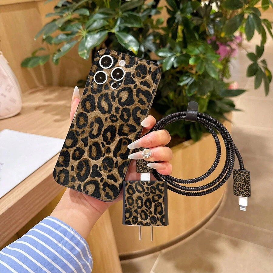 6件組黑色豹紋手機殼 + 充電頭保護套 + 數據線保護套 + 收納繩 + 數據線保護纏繩 TPU 防摔保護殼,適用 6 7 8 XXs XR XS Max 11 12 13 14 15 16 17 Pro Max,適合作為情侶、女性、女兒、男友、女友、青少年女孩的生日與聖誕禮物 - 彩色 - 查看 1