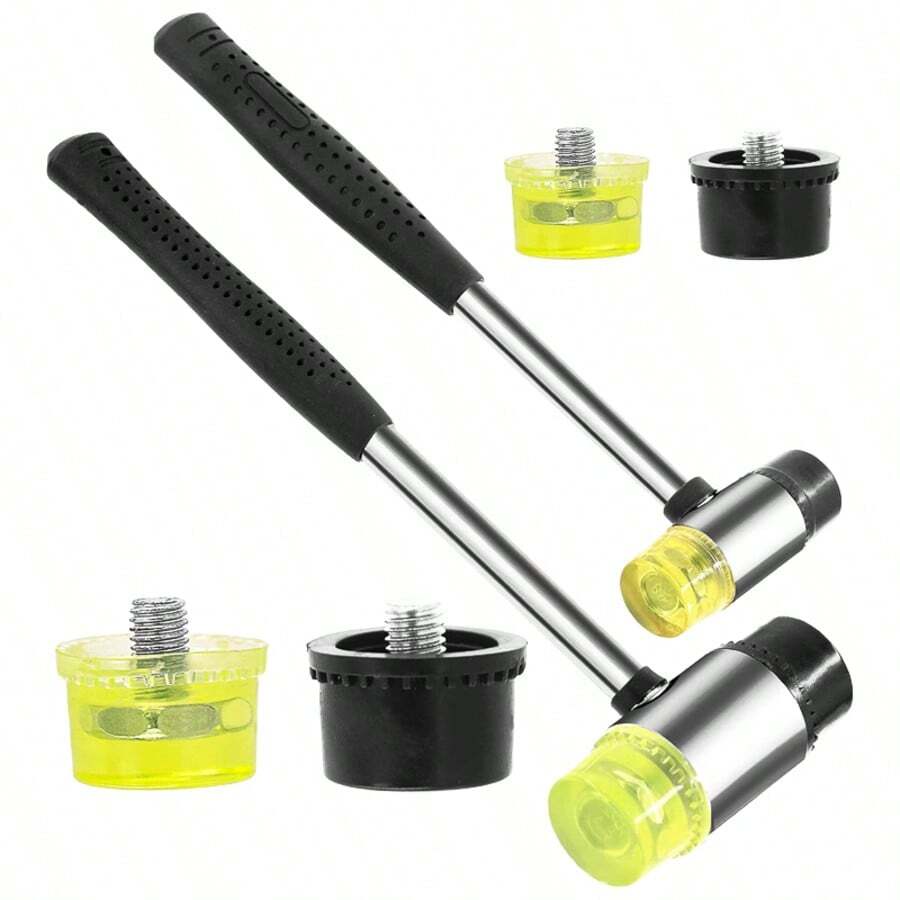 KLONKEE Double-Sided Soft Hammer With 2 Replacement Heads, Black Plastic Rubber-Coated Non-Slip Handle, Dual Interchangeable Rubber Hammer Heads, Suitable For Repair, Jewelry Processing, Woodworking Carving, Handmade DIY, Home Decor And More Portable Hand Tool