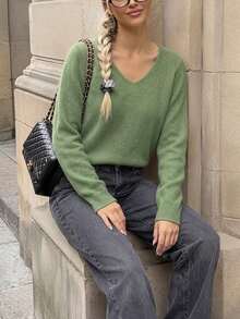 GIGOGOU Women's Lightweight Knit Sweater Casual V-Neck Long Sleeve Pullover Autumn/Winter Style Fall - Green - View 4