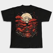 Summer T-Shirt With Red Moon Over  Design, Retro Japanese Style Streetwear, High-Quality Short-Sleeved Round-Neck T-Shirt For Men. - Shape - View 1