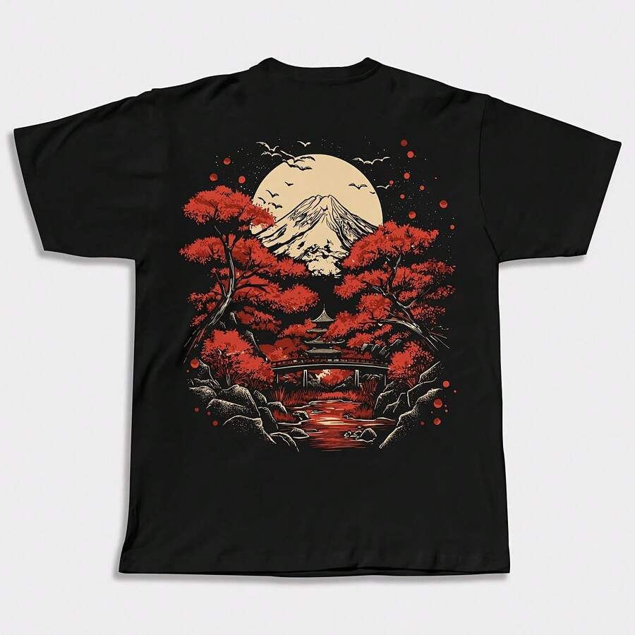 Summer T-Shirt With Red Moon Over  Design, Retro Japanese Style Streetwear, High-Quality Short-Sleeved Round-Neck T-Shirt For Men. - Shape - View 1