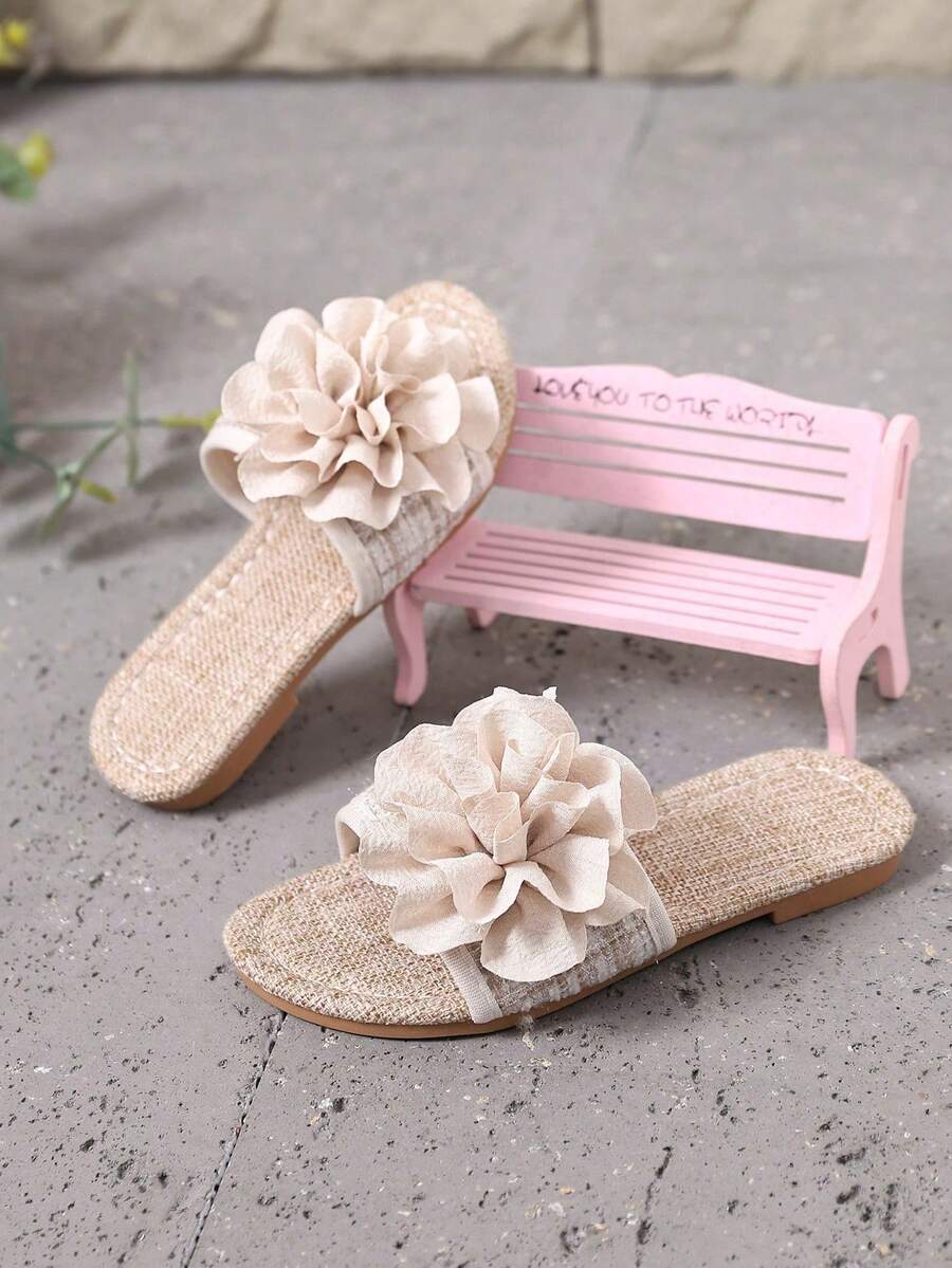 1 đôi dép lê vải họa tiết hoa thời trang mềm mại đa năng phong cách thường ngày cho mùa hè và mùa thu - Màu be - Xem 1