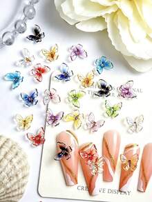 100pcs Transparent Aurora Holographic Gradient Butterfly Resin Nail Art Charms, 3D Resin Nail Decor Accessories For DIY Nail Decoration, Random Colors - Multicolor - View 3