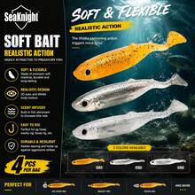 SeaKnight 4pcs Soft Paddle Tail Swim Bait, 100mm 6g Scented Minnow Lure With 3D Realistic Eyes, Suitable For Jig Head, Texas Rig, Wacky Rig, Freshwater And Saltwater Bass Trout Fishing Accessories - Multicolor - View 1
