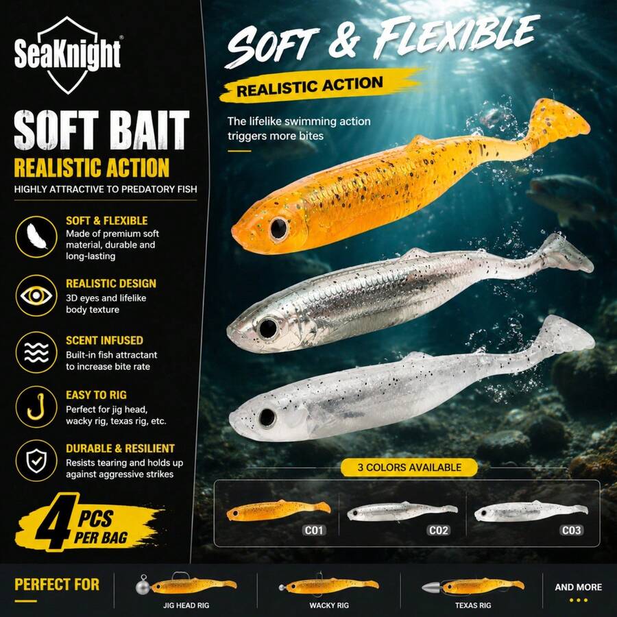 SeaKnight 4pcs Soft Paddle Tail Swim Bait, 100mm 6g Scented Minnow Lure With 3D Realistic Eyes, Suitable For Jig Head, Texas Rig, Wacky Rig, Freshwater And Saltwater Bass Trout Fishing Accessories - Multicolor - View 1