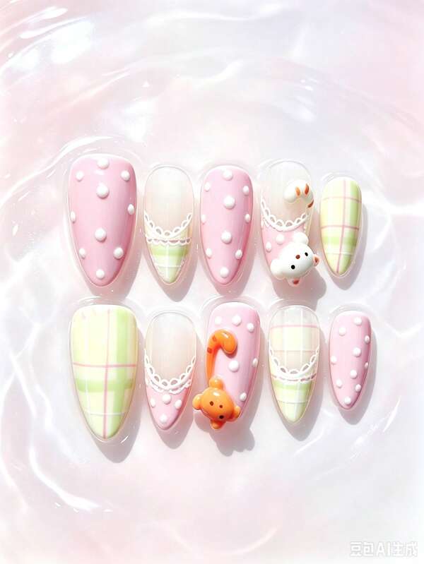 10pcs Handmade Fake Nails, Summer Nail Art, Y2K Style, French Style, Lace Trim, Cute Cat Nail Design, Almond Shaped Nails, Sweet Macaron Color Palette Nail Art With Plaid, Polka Dot And Lace Details, Reusable Acrylic Nails For Girls