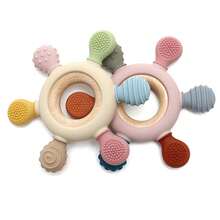 6-Point Teething Boat Steering Wheel Teether For Baby, Silicone And Beech Wood Teething Toy For Infant Teething Period - Multicolor - View 10